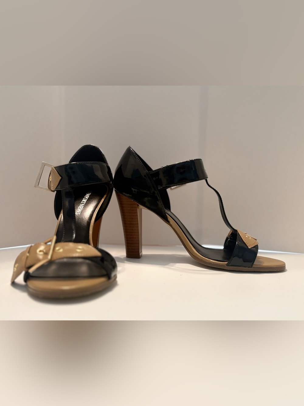 Newport News Black and Tan T-Strap High-Heel Sandals